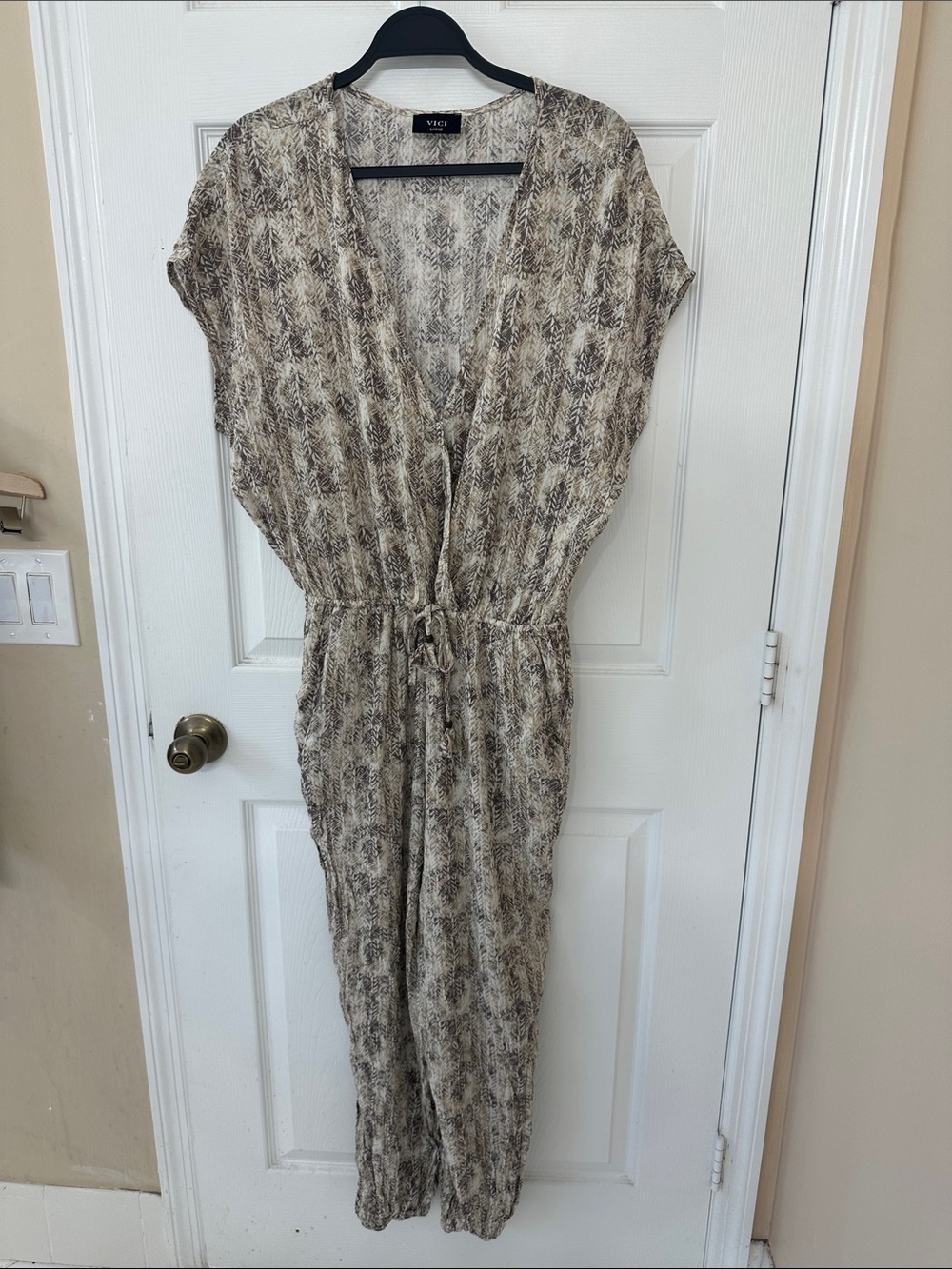 Vici Short Sleeve Neutral Patterned Jumpsuit - Beige & Black